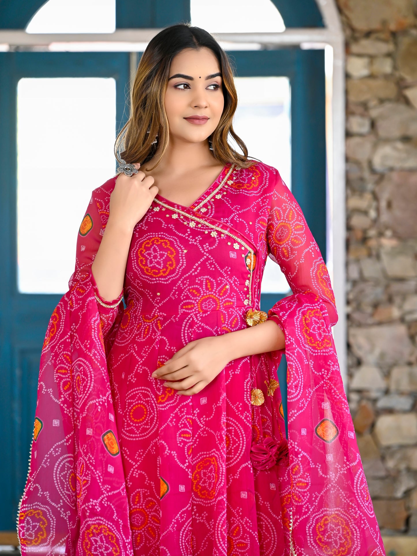 Pink Bandhani Angrakha Anarkali Set
