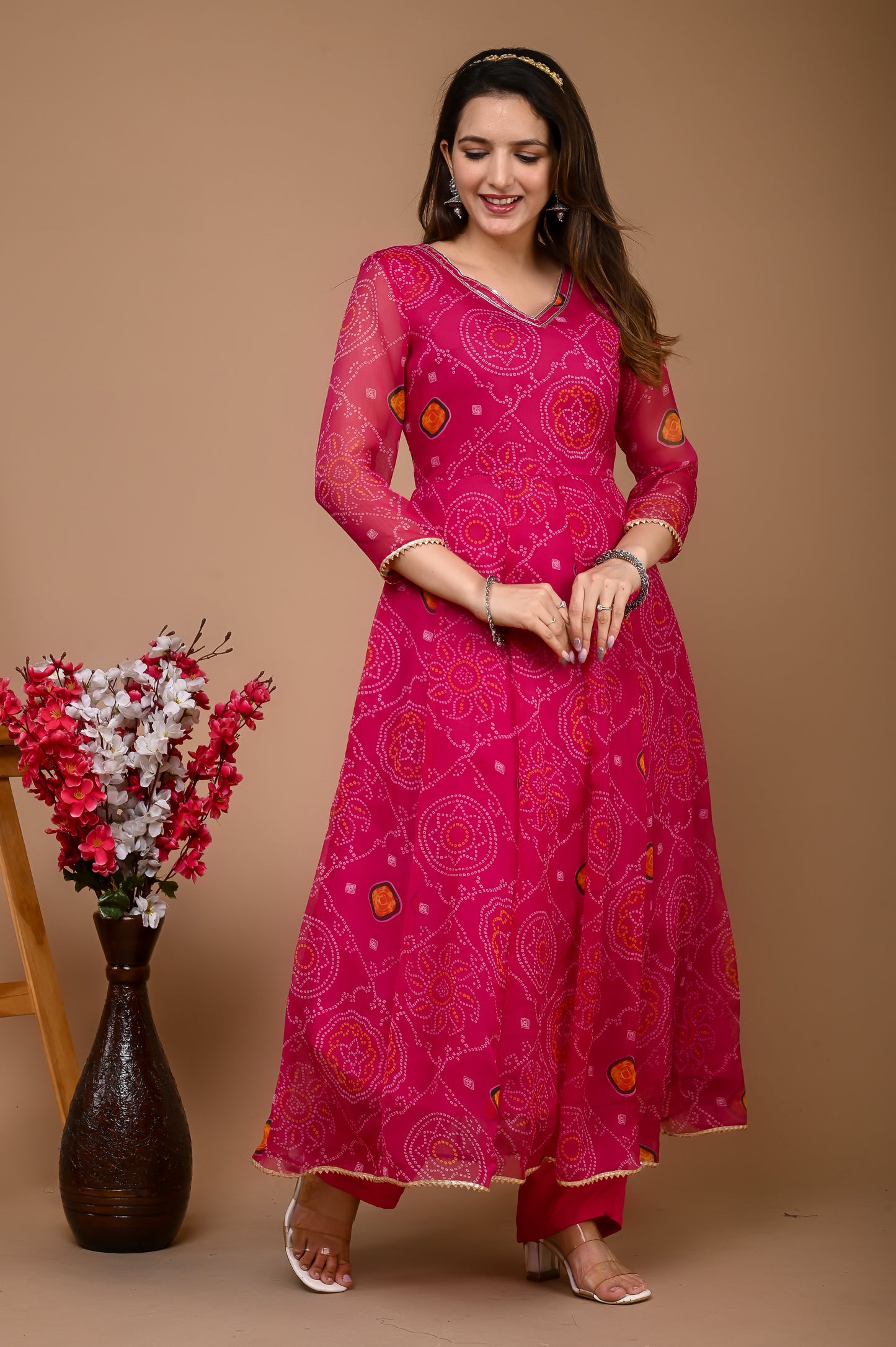 Pink Bandhani Side Dori Suit