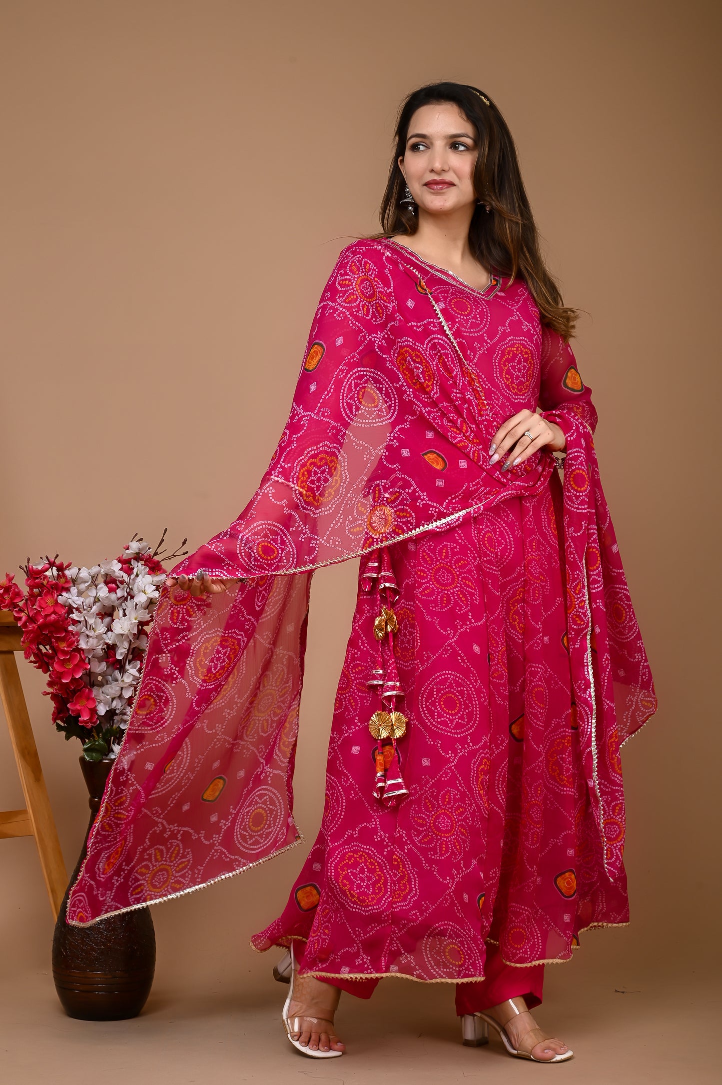 Pink Bandhani Side Dori Suit
