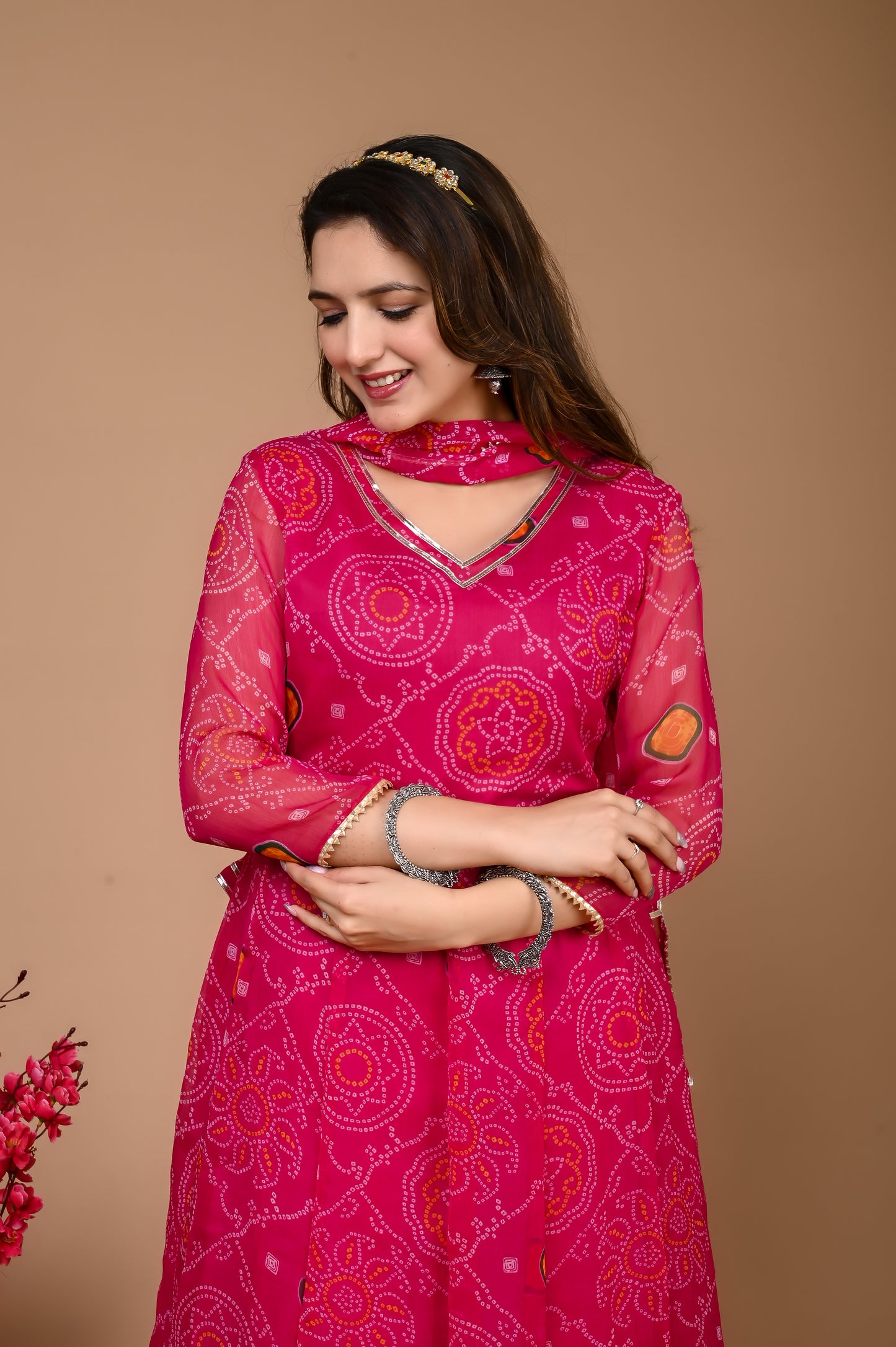 Pink Bandhani Side Dori Suit