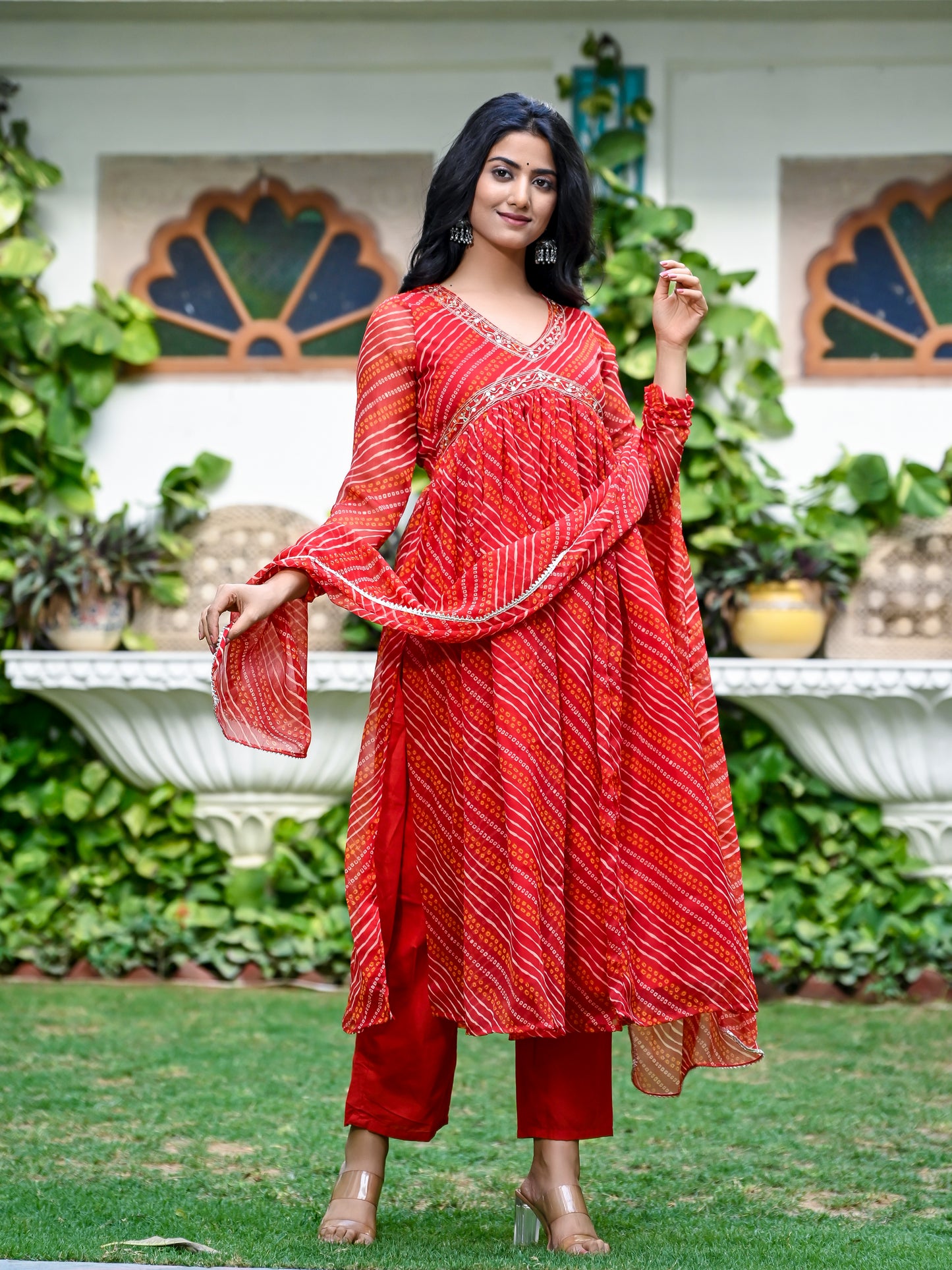 Red Chiffon Leheriya Alia Cut Set