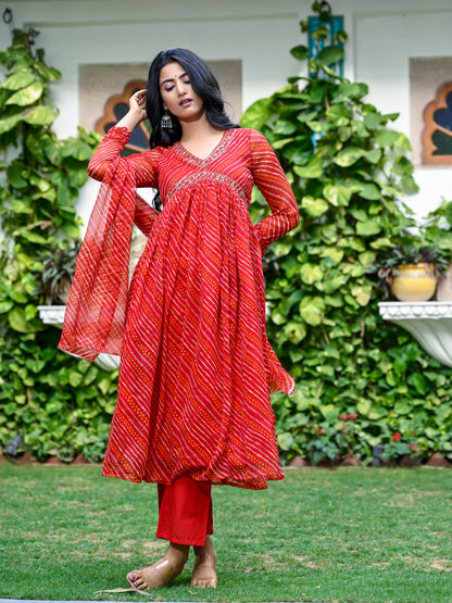 Red Chiffon Leheriya Alia Cut Set