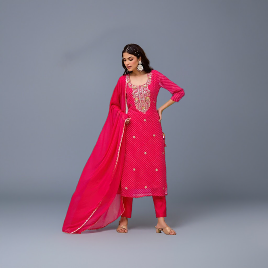 Pink Leheriya Print Georgette Fabric Straight Kurta & Trouser with Dupatta