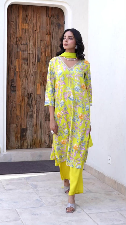 Yellow Embroidered Floral Print Muslin Kurta Set