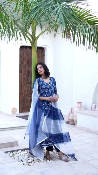 Indigo Blue HandBlock Print Cotton Anarkali Kurta Set with Organza Dupatta