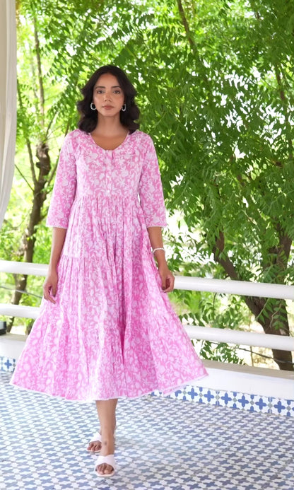 Pink Floral Printed Collar Neck Cotton dress
