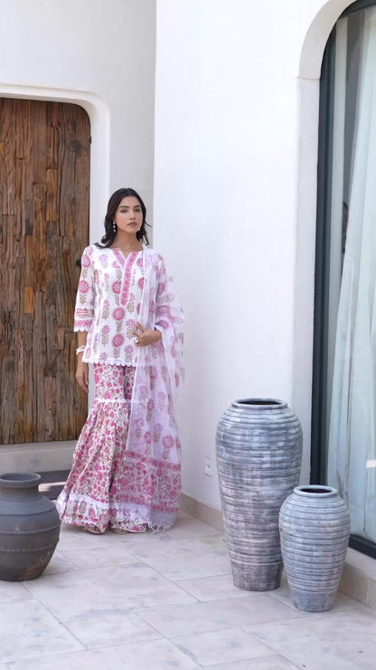 White Floral Print Pure Cotton Kurta Sharara Set