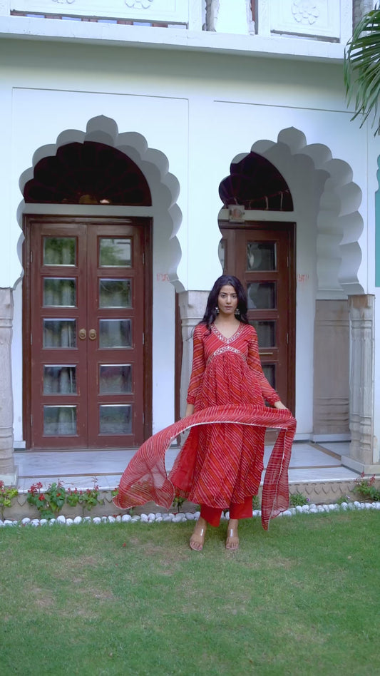 Red Chiffon Leheriya Alia Cut Set