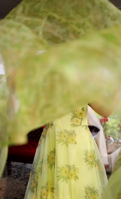 Light Yellow Hand Painted Floral Organza Anarkali